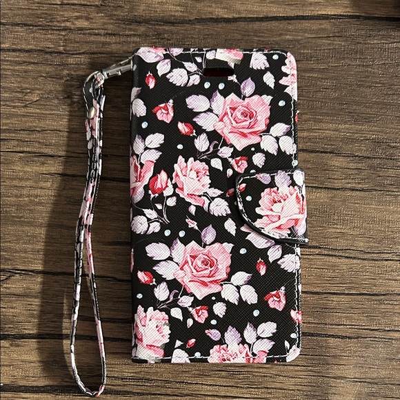 Other - iPhone 7 Floral Black and Pink Phone Wallet Case